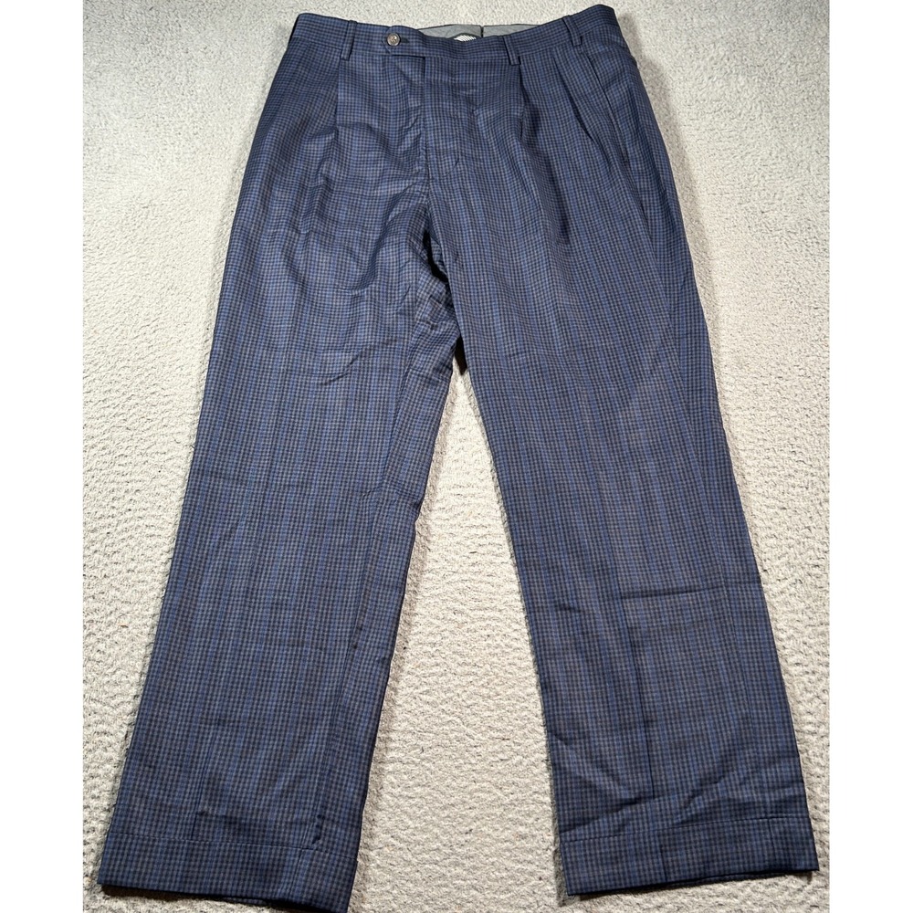 J.Hilburn Dress‎ Pants Mens 32x29 Blue Plaid Checkered 100% Wool Mid Rise